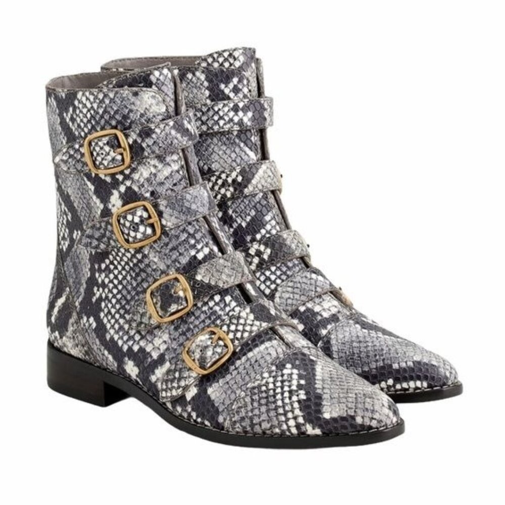 J Crew Multi Buckle Boots in Snake Embossed Leather Size 6.5 NIB